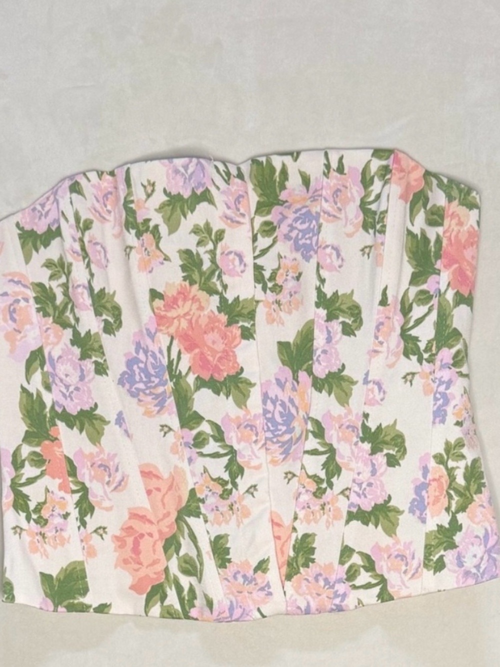 Zara White Floral Bustier Top with Pink, Lavender & Green Print